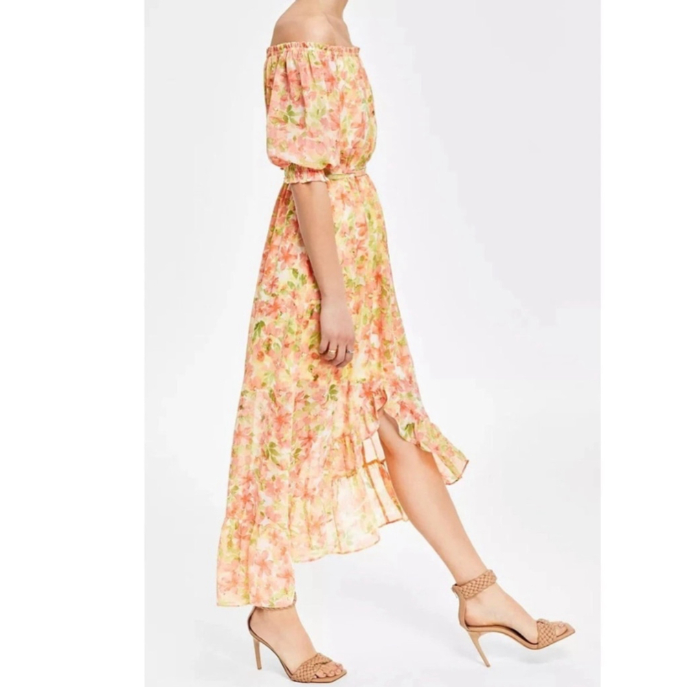 Women's Bar III M Peach Green Floral Off Shoulder High Low Maxi Dress